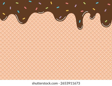 A delicious waffle cone background topped with dripping chocolate and colorful sprinkles. Perfect for ice cream-themed design, candy shop branding, or sweet treat promotions.