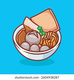 Delicious and warm meatball soup with noodles. Cute vector illustration.