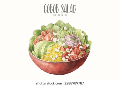 Delicious watercolor cobob salad on a white background