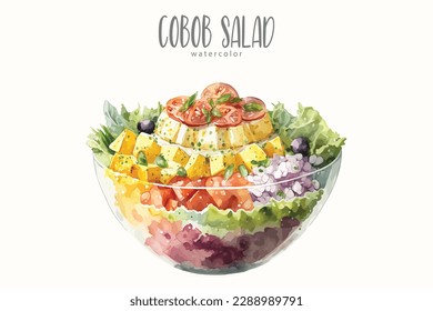 Delicious watercolor cobob salad on a white background