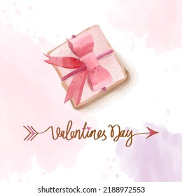 Delicious watercolor hand painted square valentine cookies with buttercream frosting decorated with bow on pink and light purple colored background. Text Valentine's Day with arrows going through it.