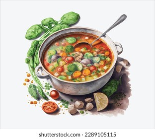 Deliciosa sopa de verduras acuarelas sobre fondo blanco