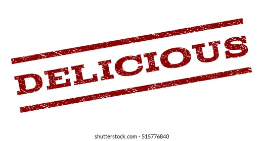 Delicious watermark stamp. Text tag between parallel lines with grunge design style. Rubber seal stamp with scratched texture. Vector dark red color ink imprint on a white background.