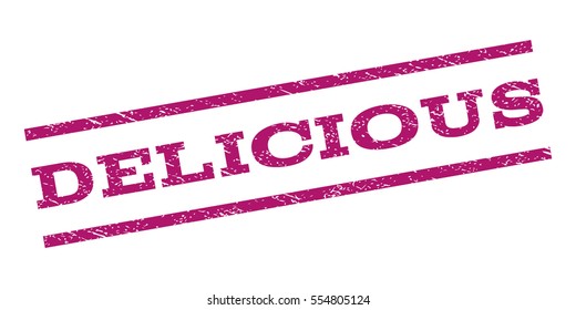 Delicious watermark stamp. Text tag between parallel lines with grunge design style. Rubber seal stamp with unclean texture. Vector purple color ink imprint on a white background.
