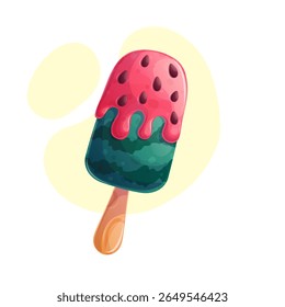 Delicious watermelon ice cream on a stick on a yellow background, watermelon popsicle. The concept of confectionery, baking, cooking. Isolated vector illustration for menu design, posters, banners