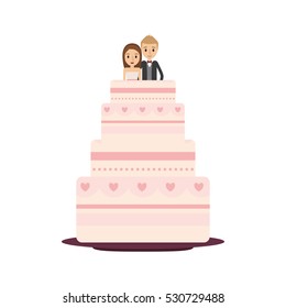 Delicious wedding cake with couple vector illustration design