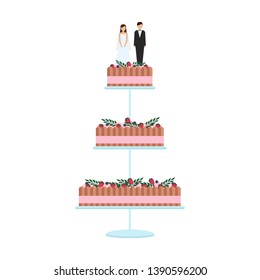 Delicious Wedding cakes with floral decoration isolated on a white background. Wedding pie with bows and toppers bride and groom Vector illustration