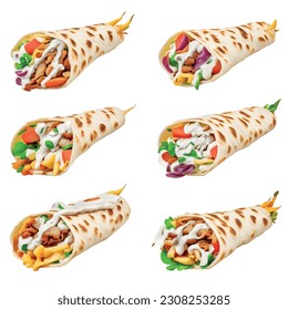 Delicious wet shawarma with different fillings wrapped in pita bread kebab isolated on white background 3D for restaurant menu: Kangaroo, watercress, guava, gouda cheese, cilantro, barramundi, clams, 