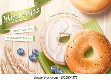 Delicious wheat bagel ads with cream and blue berries on wooden background in 3d illustration Delicious wheat bagel ads with cream and blue berries on wooden background in 3d illustration
