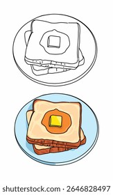 Deliciosa página para colorear de mantequilla de pan blanco para niños y educación preescolar. Línea de arte alimenticio