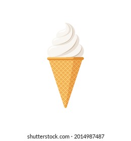 Delicious white ice cream in waffle cone. Vanilla taste isolated twisted ice-cream on white background. Cute flat style product design vector eps illustration