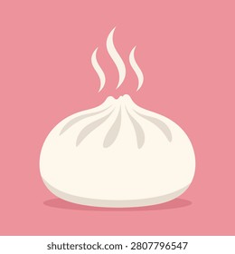 A delicious, white steamed bao bun with wisps of steam rising, set against a soft pink background. Simple, clean illustration.