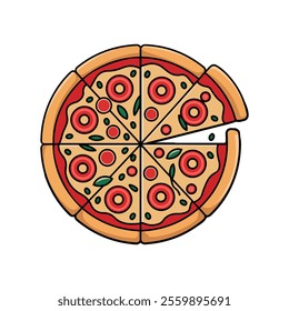 Delicious Whole Pepperoni Pizza with a Sliced Piece vector art on white background 