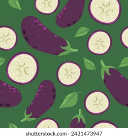 Delicious whole and sliced eggplants with stem and leaves. Veggie for vegetarians, menu and dieting. Balanced meal and nutrition. Seamless pattern, wallpaper background print. Vector in flat style