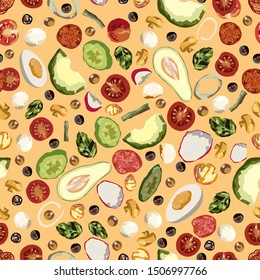 Delicious wholesome food. Mushrooms, vegetables, sausage. Delicious wholesome food. Ingredients for Real Hot Pizza, Fried Bacon, Delicious Red Peppers, Green Beans. Vector seamless patern.