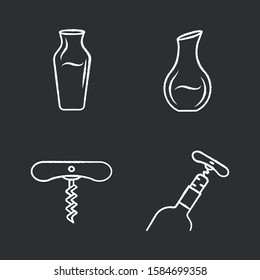 Delicious wine chalk icons set. Types of decanters. Corkscrew, bottle opening tools. Barman equipment. Alcohol beverage, aperitif drink. Restaurant, party. Isolated vector chalkboard illustrations