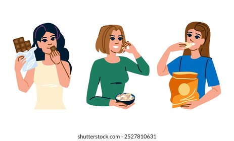 Mujer deliciosa que come los bocados Vector. antojos sabrosos, golosina de la indulgencia, carácter dulce sabroso de los bocados de la mujer deliciosa que come. ilustración plana de la historieta de la gente