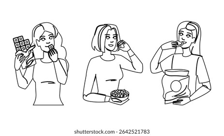 deliciosa mulher comendo lanches vetor. desejos saborosos, indulgência tratar, doce saborosa mulher deliciosa comendo snacks personagem. pessoas linha preta lápis desenho ilustração