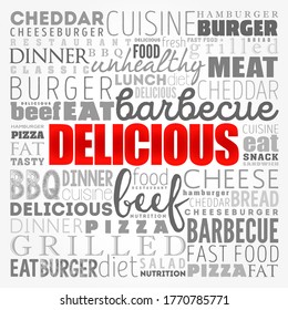 DELICIOUS word cloud collage, fast food concept background