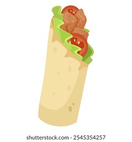 Delicioso envoltório repleto de frango, alface e tomate. Ilustração vetorial