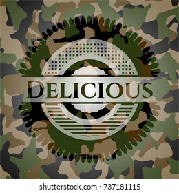 Delicious written on a camouflage texture