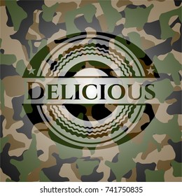 Delicious written on a camouflage texture