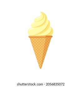 Delicious yellow ice cream brulee in waffle cone. Vanilla taste isolated twisted ice-cream on white background. Cute flat style product design vector eps illustration