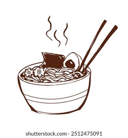 a delicious and yummy bowl of ramen illustration with egg, nori, naruto topping 