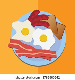 Delicious and Yummy Breakfast Menu with Roasted Breads, Sausages, Sparkling Sunny-Side-Up Eggs, and Bacon Served in Plate With Background