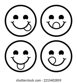 Delicious, yummy, tasty icon. Hungry smiling face with mouth and tongue emoji. Healthy funny lunch tasty mood smile avatar character cute vector isolated black and white simple symbol