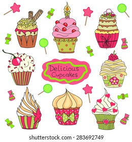 Delicious yummy vector cupcakes, candy and  lollipops isolated on white background. Cartoon tasty cupcakes in bright colors.