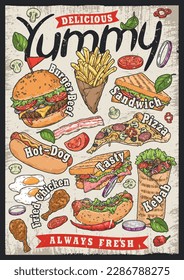 Delicious yummy vintage flyer colorful with fast food from canteen or bistro menu with snacks for street dinner vector illustration