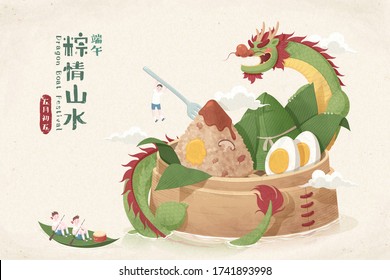 Delicious zongzi in bamboo steamer with a Chinese dragon staying around it and miniature people on bamboo leaf boat nearing toward them, Duanwu festival greetings and May 5th written in Mandarin text