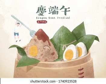 Delicious zongzi in bamboo steamer with a miniature boy hanging on it, Celebrating Duanwu Festival and May 5th written in Mandarin text