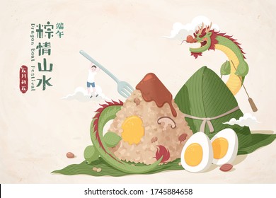 Delicious zongzi with a Chinese dragon staying around it and a miniature boy hanging on the stick rice dumpings, Duanwu festival greetings and May 5th written in Mandarin text