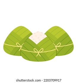 Delicious zongzi on white background. Duanwu Festival, date and wine's name written in Chinese calligraphy. Delicious zongzi icon.