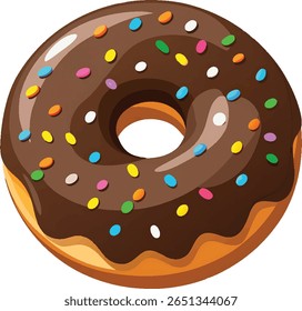 A delicious-looking chocolate frosted donut with colorful sprinkles is depicted against a clean white background. This sweet treat is a classic pastry, perfect for representing desserts, baking,
