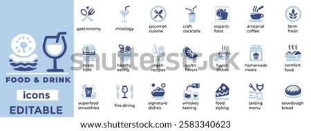 
Deliciously designed Food and Drink vector icons editable, vibrant, and perfect for menus, branding, or digital projects