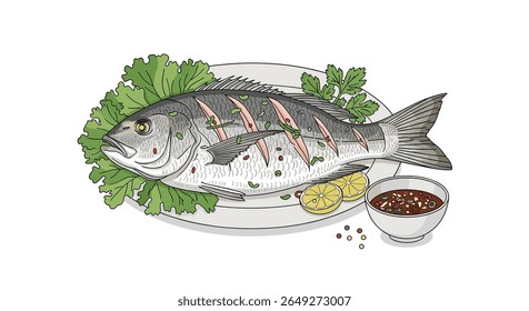 Deliciosamente Grelhado Peixe Inteiro Servido Com Ervas Frescas Limão E Um Molho De Mergulho Salgado