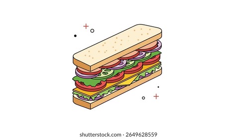 A deliciously stacked submarine sandwich filled with fresh ingredients served on a long bun