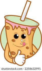 Delicius brown boba drink mascot with prink topping 