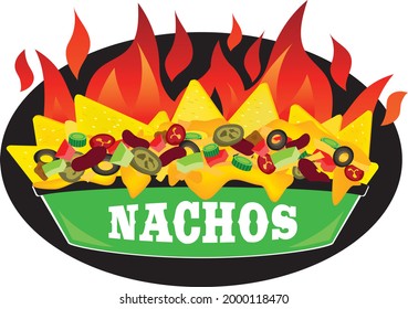 Delicous fire Supreme loaded cheese mexican nachos plate side view illustration vector