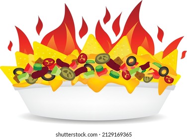 Delicous fire Supreme loaded cheese mexican nachos plate side view illustration vector