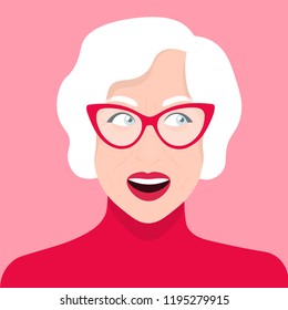 Delight and admiration. A old woman's amazed face. Portrait. Vector Flat Illustration