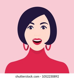 Delight and admiration. A woman's amazed face. Portrait of a girl. Vector Flat Illustration