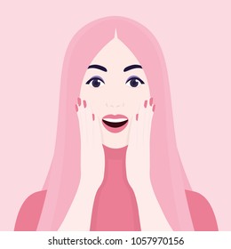 Delight and admiration. A woman's amazed face. Portrait of a girl. Vector Flat Illustration