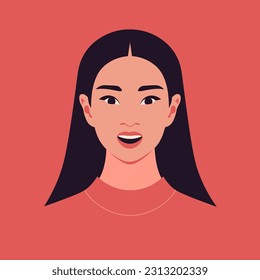 Delight and admiration. A woman's amazed face. Portrait of a surprised Asian student. Vector Flat Illustration