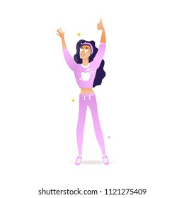 Delight and amorous caucasian woman with thumbs up gesture - cartoon vector illustration of young happy and smiling girl standing with hands up and positive emotions isolated on white background.