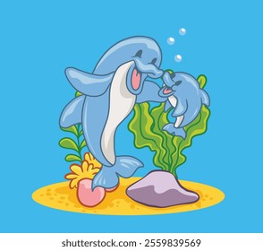 Delight in the charm of this cute illustration featuring a dolphin mom and her daughter! A heartwarming depiction of love and family in the ocean