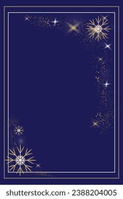 Delight Festive Blue background Christmas frame border Card Vertical Glistening Snowflakes Copy space greeting text Holiday design New year mood December winter ornament Golden bright Birthday Holiday